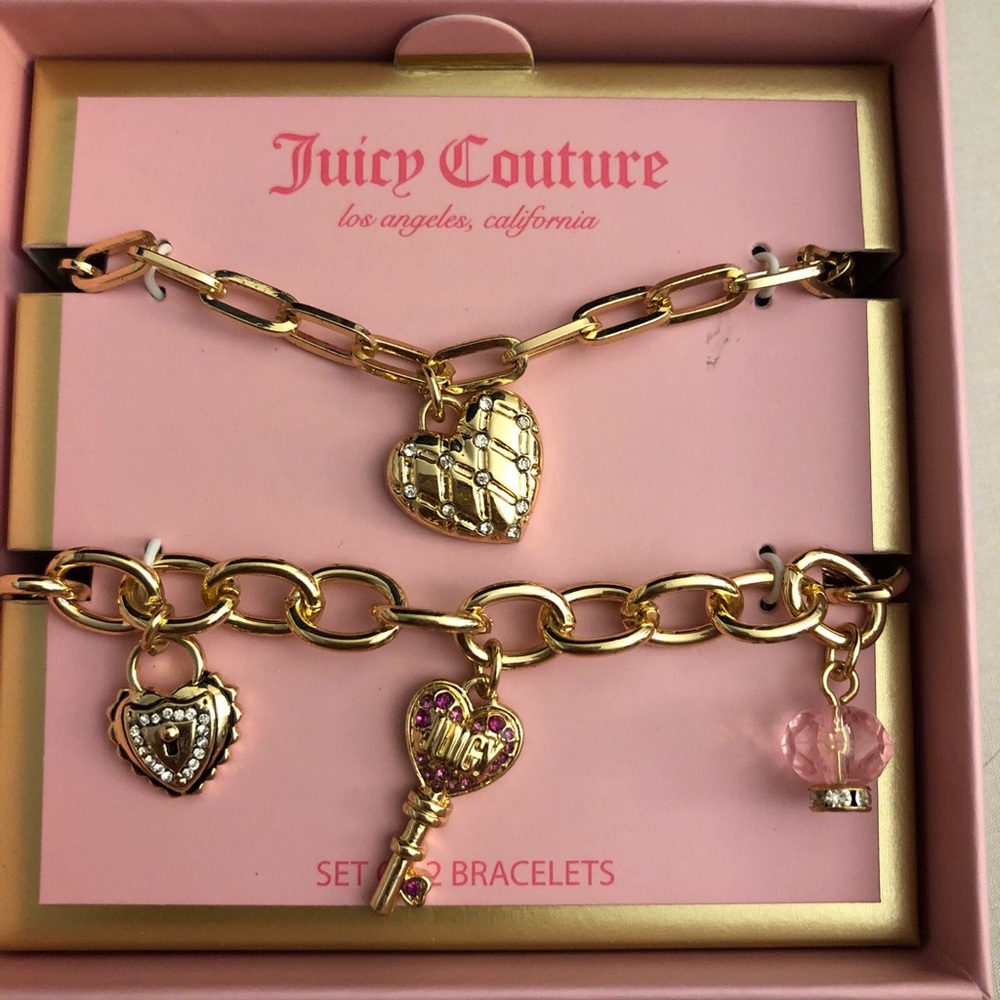 Juicy Couture Gold Tone Charm Bracelet Set Quilted Heart, Key & Lock Charms NIB